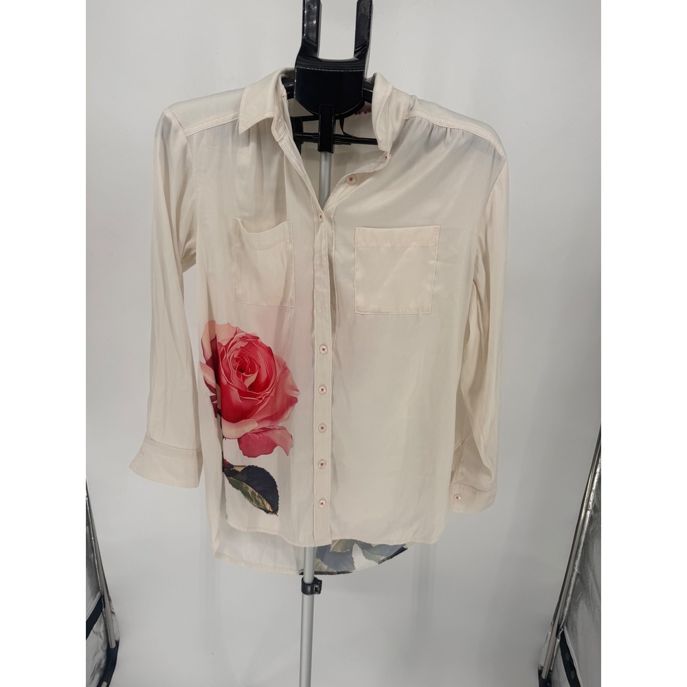 Anthropologie Button Down Shirt Women XS Ivory Red Rose Like New Long Sleeve Top